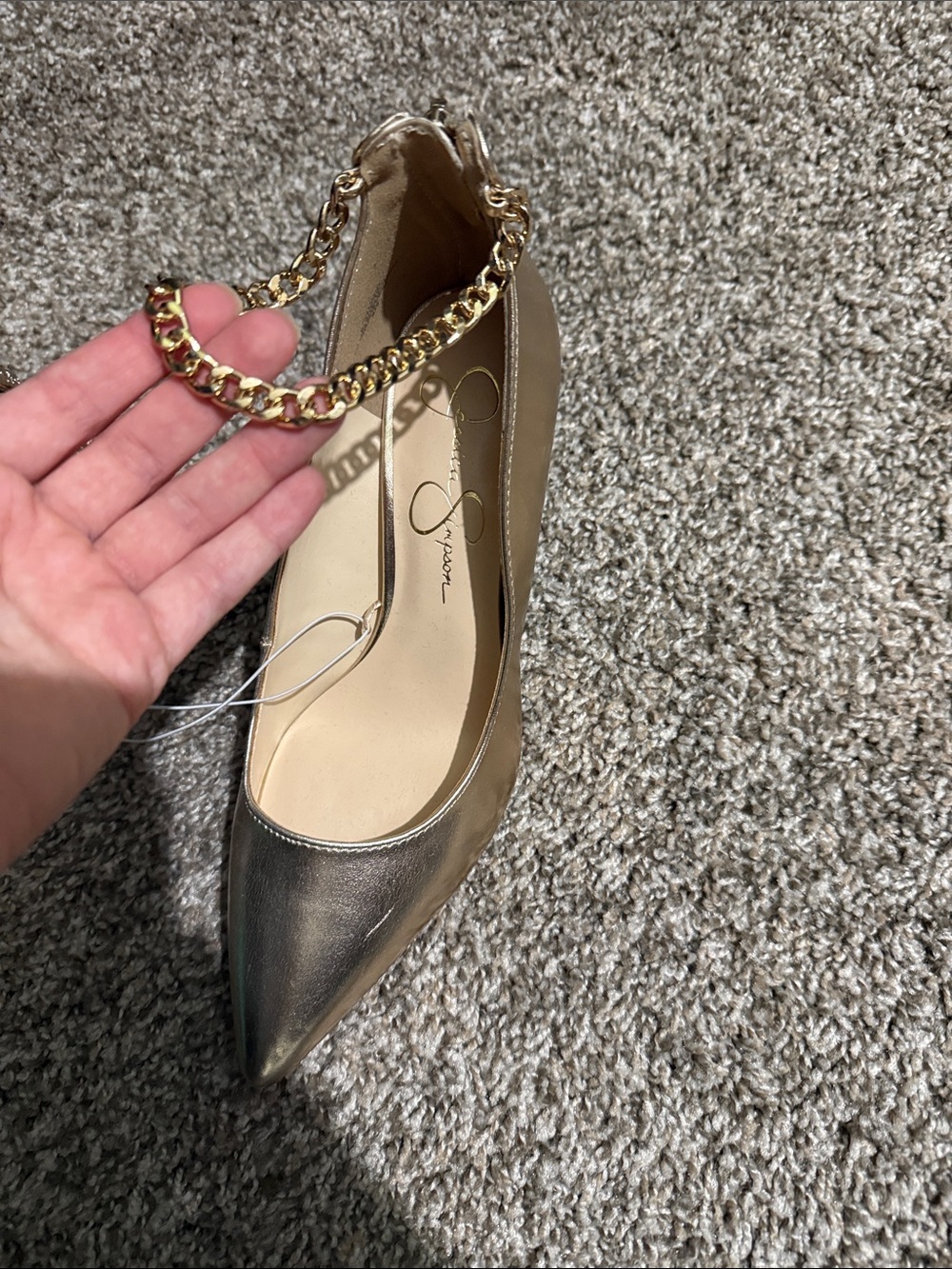 Jessica Simpson Gold Pointed Toe Pump with Chain Ankle Strap